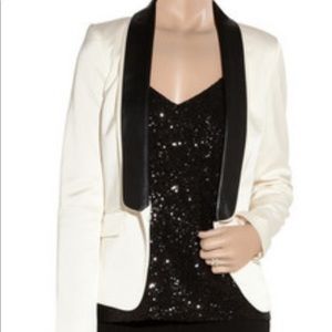 Tibi
Leather-trimmed satin-twill tuxedo jacket